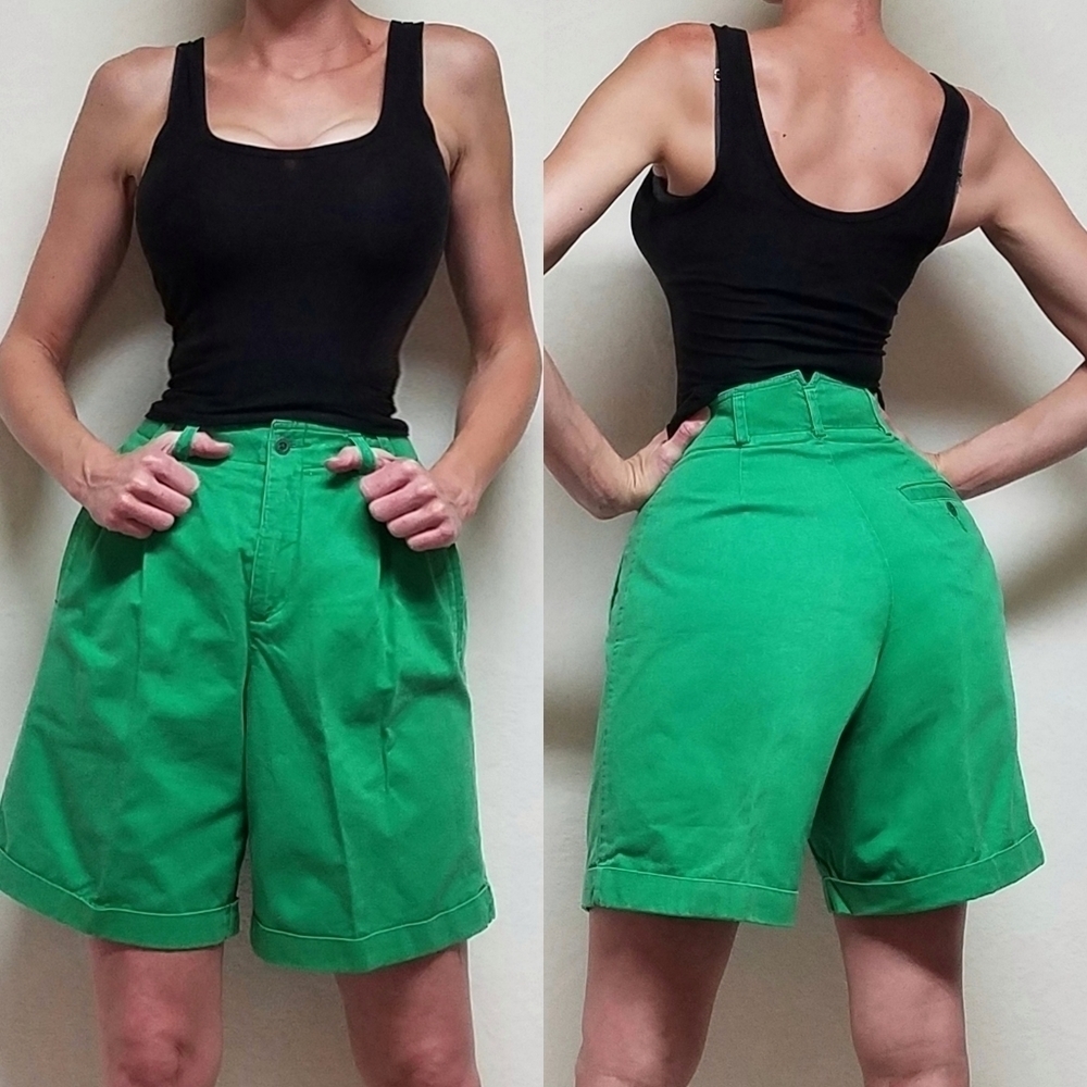 VINTAGE LizSport Green Extra High Rise Pleated Waist Wide Leg Loose Fit Shorts - Picture 1 of 14